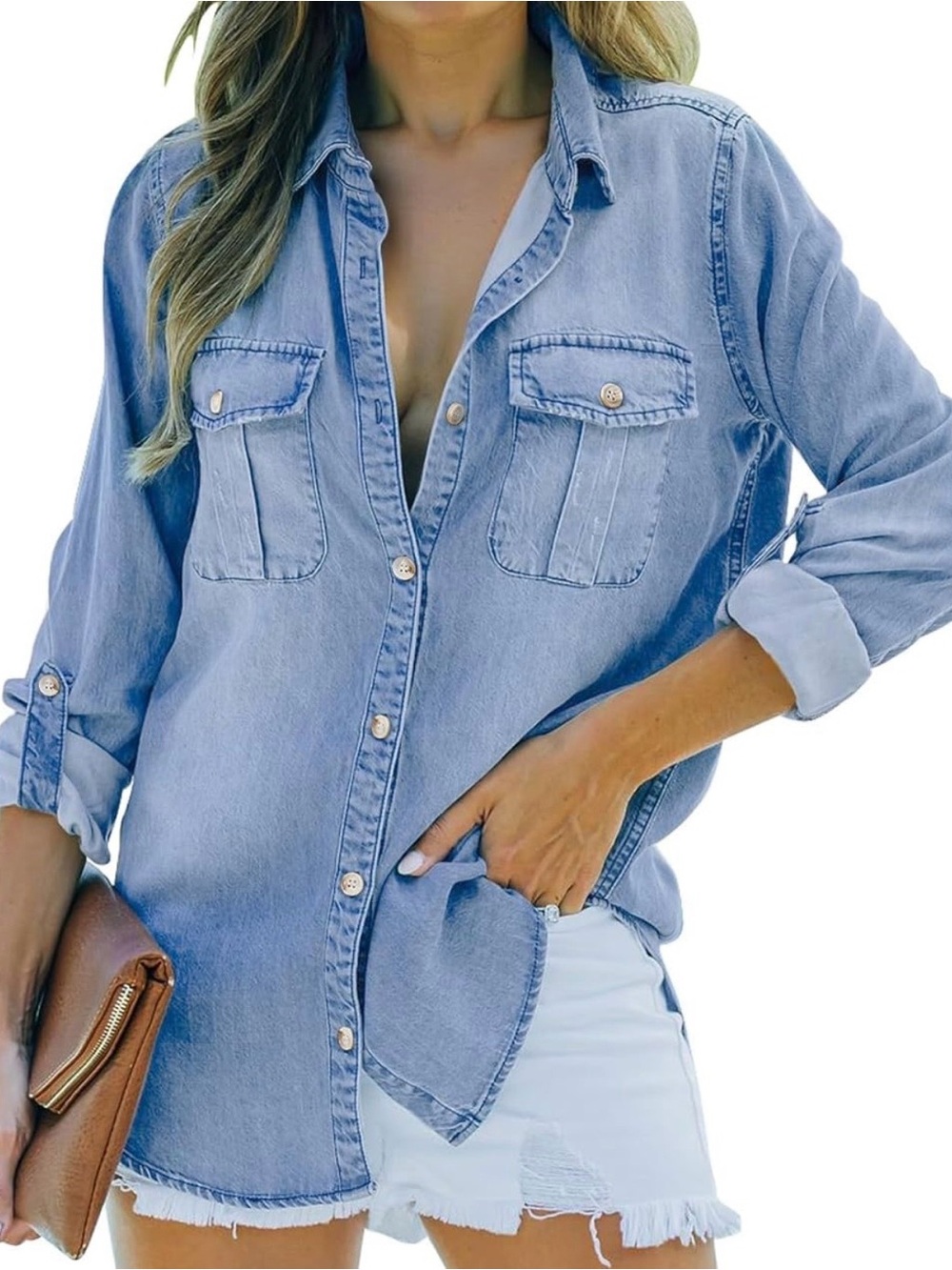 Sidefeel Women's Blue Chambray Denim Button-Down Shirt Relaxed Casual Top